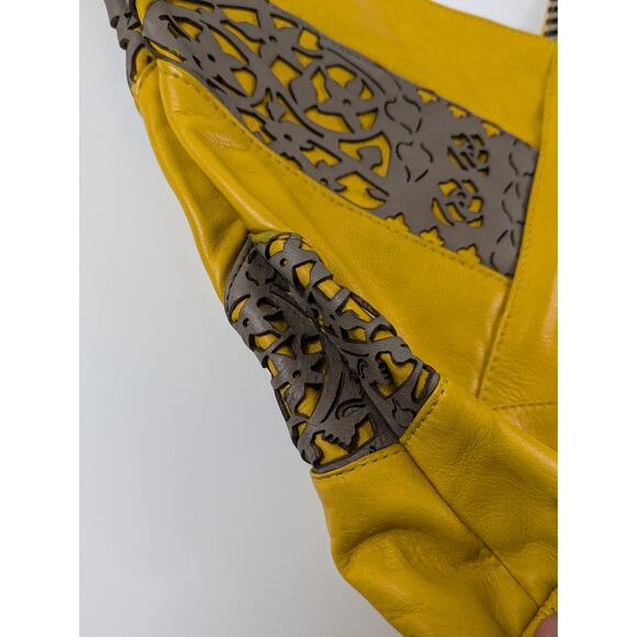 Free Endearment Yellow Purse Leather V Cut Hobo Lazer Cut Satchel Tote Bag Top - Picture 16 of 16